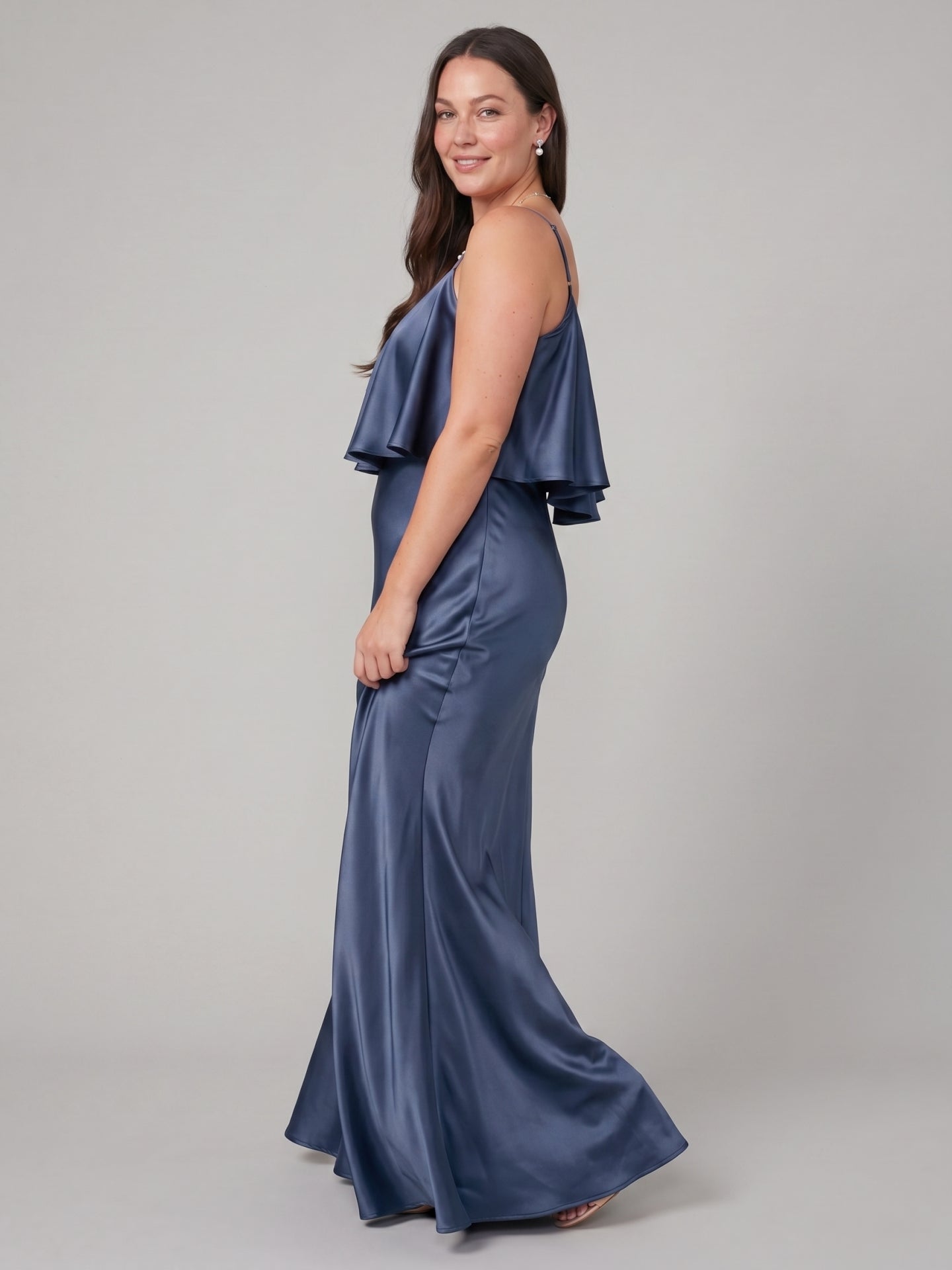 Elegant Stormy Satin Mermaid V-Neck V-Back Ankle-Length Bridesmaid Dress