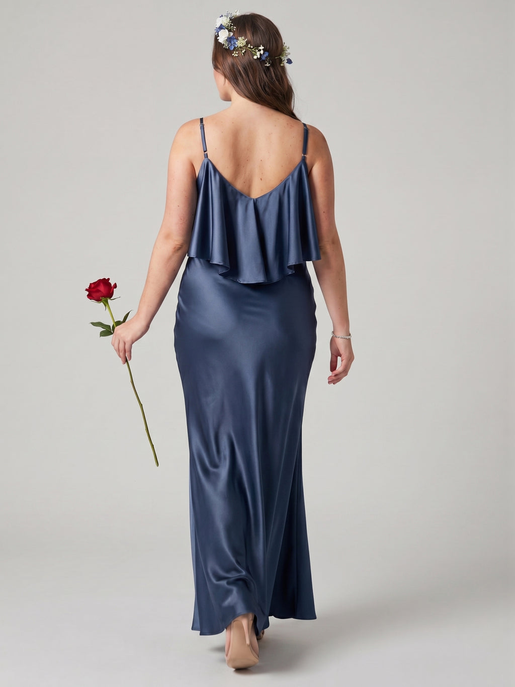 Elegant Stormy Satin Mermaid V-Neck V-Back Ankle-Length Bridesmaid Dress