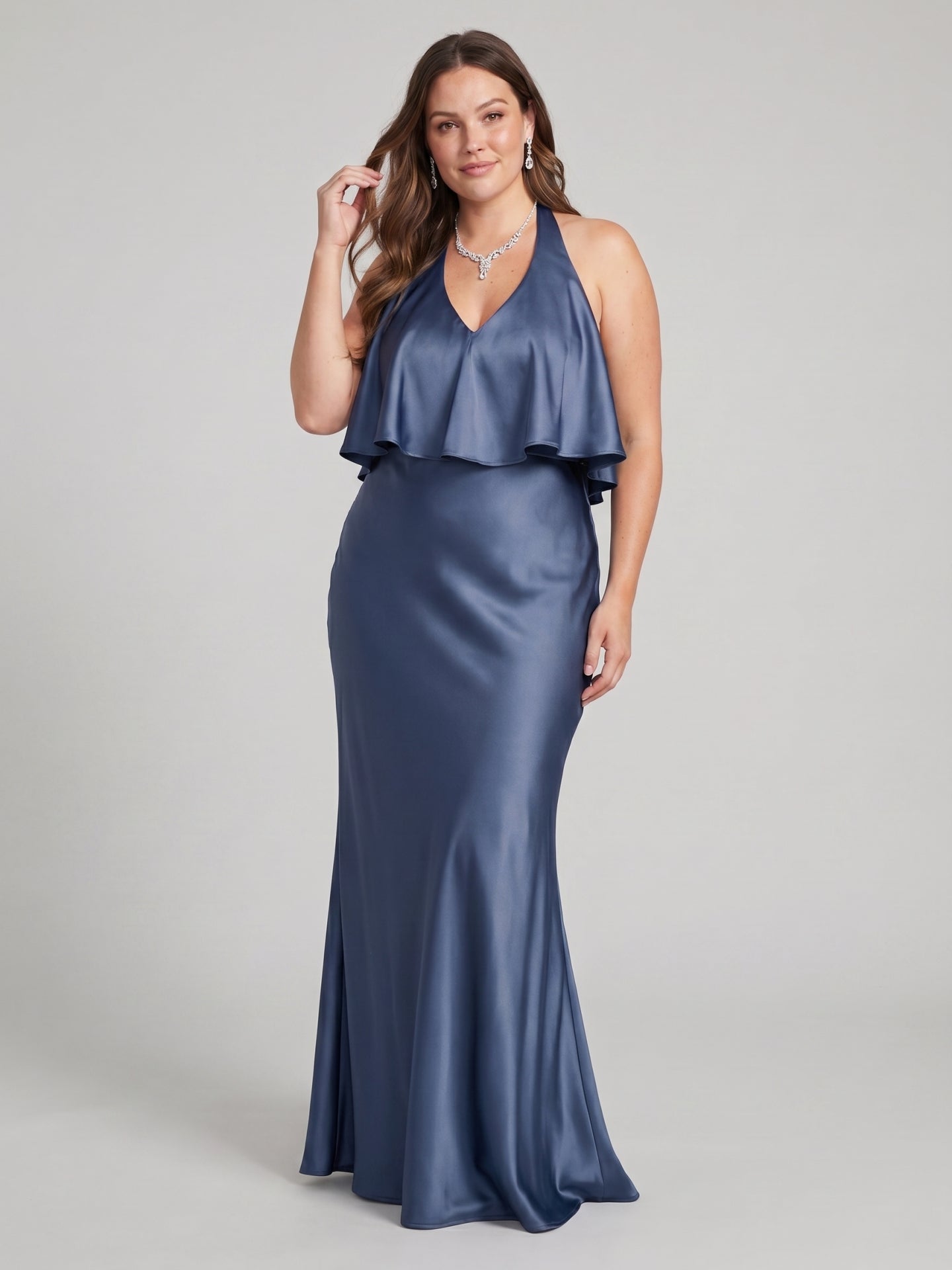 Elegant Stormy Satin Mermaid V-Neck V-Back Ankle-Length Bridesmaid Dress