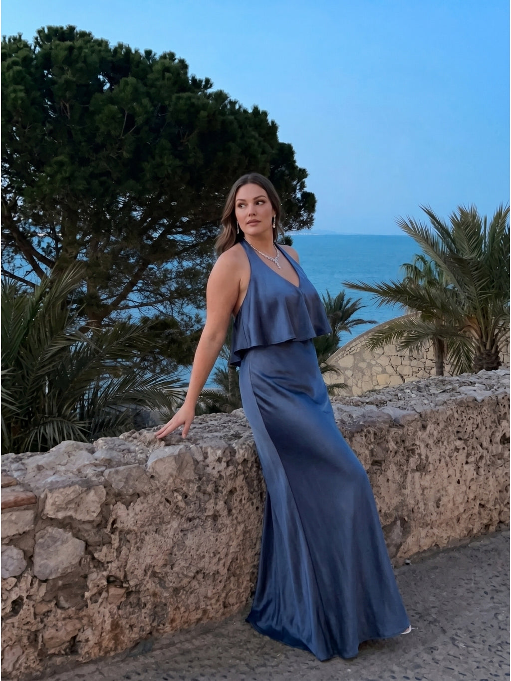 Elegant Stormy Satin Mermaid V-Neck V-Back Ankle-Length Bridesmaid Dress