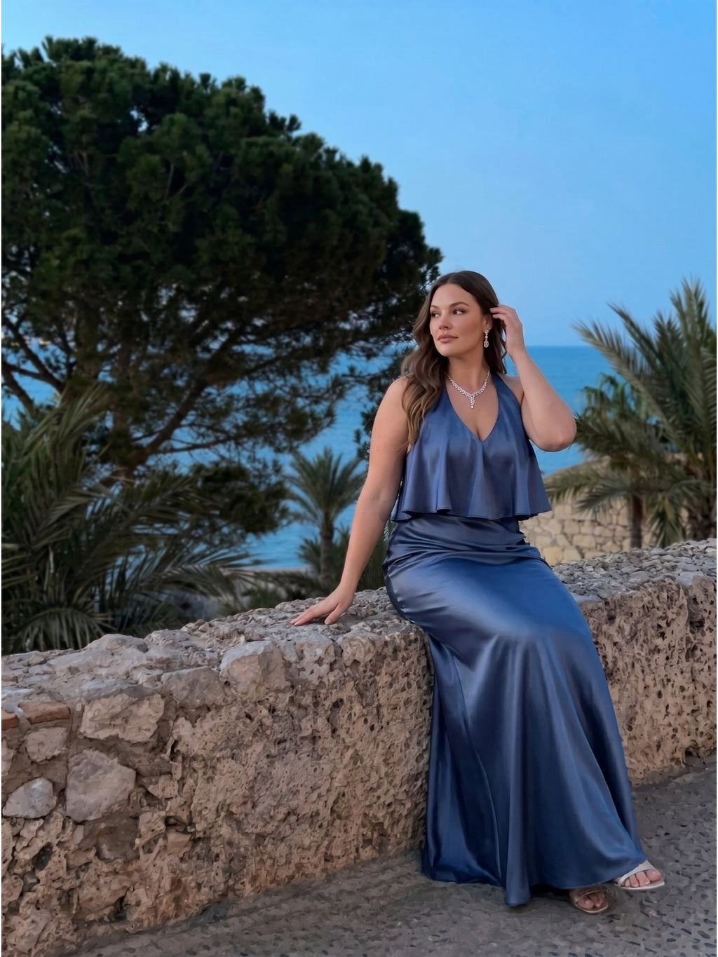 Elegant Stormy Satin Mermaid V-Neck V-Back Ankle-Length Bridesmaid Dress