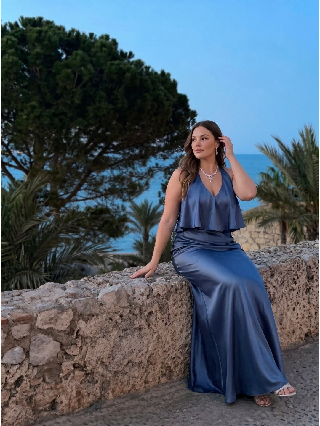 Elegant Stormy Satin Mermaid V-Neck V-Back Ankle-Length Bridesmaid Dress