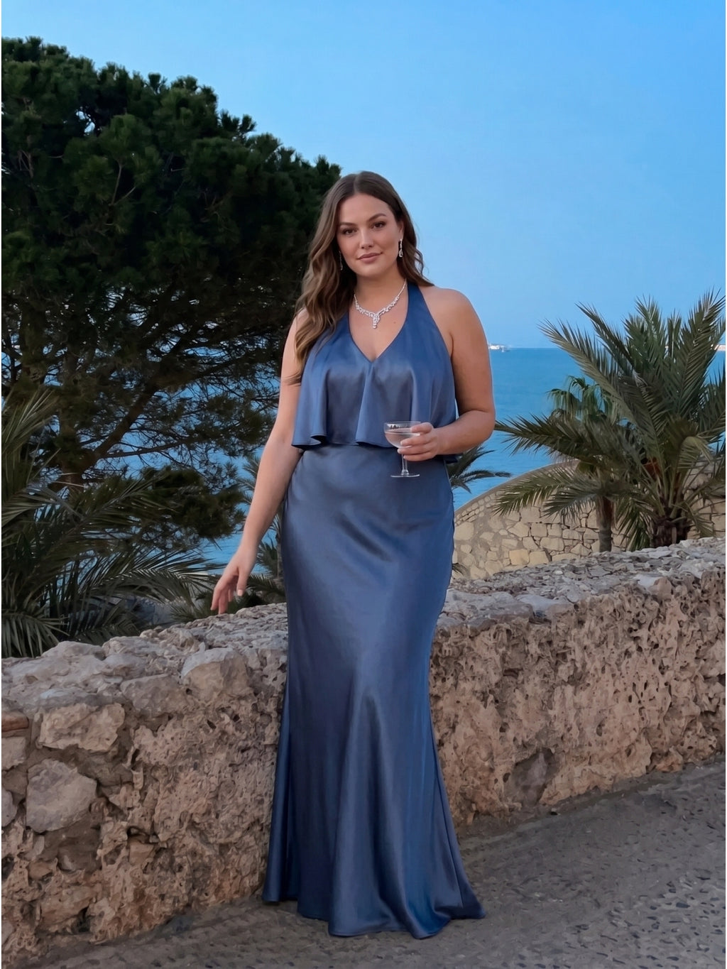 Elegant Stormy Satin Mermaid V-Neck V-Back Ankle-Length Bridesmaid Dress