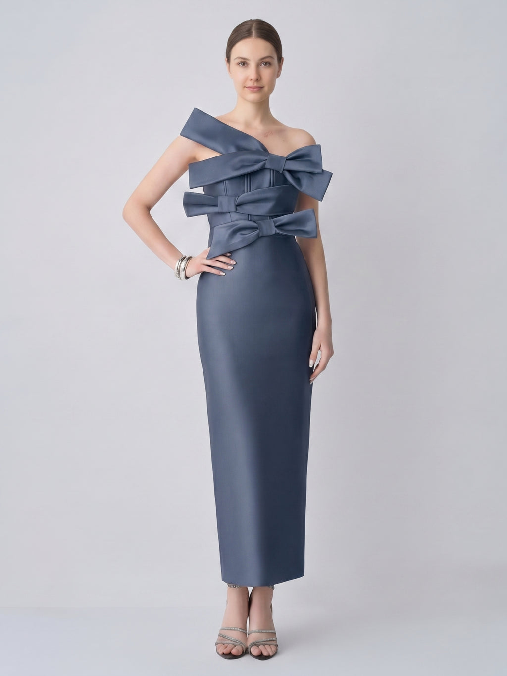Elegant Stormy Satin column Straight Neck Back Zip with Bow Ankle-Length Bridesmaid Dress