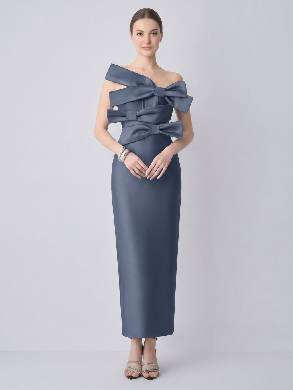 Elegant Stormy Satin column Straight Neck Back Zip with Bow Ankle-Length Bridesmaid Dress