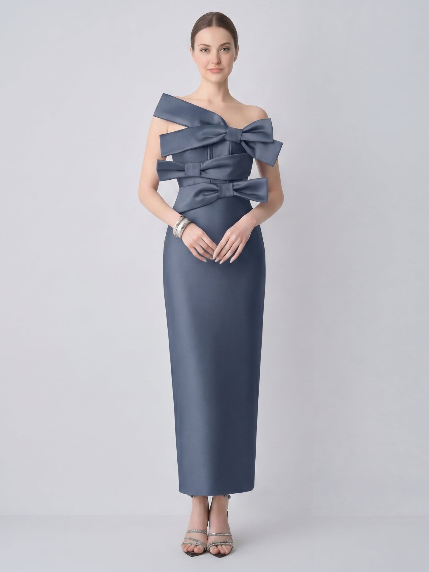 Elegant Stormy Satin column Straight Neck Back Zip with Bow Ankle-Length Bridesmaid Dress