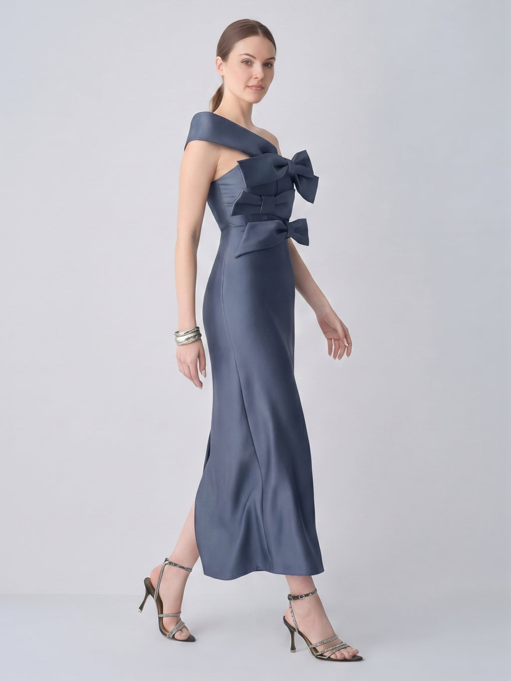 Elegant Stormy Satin column Straight Neck Back Zip with Bow Ankle-Length Bridesmaid Dress
