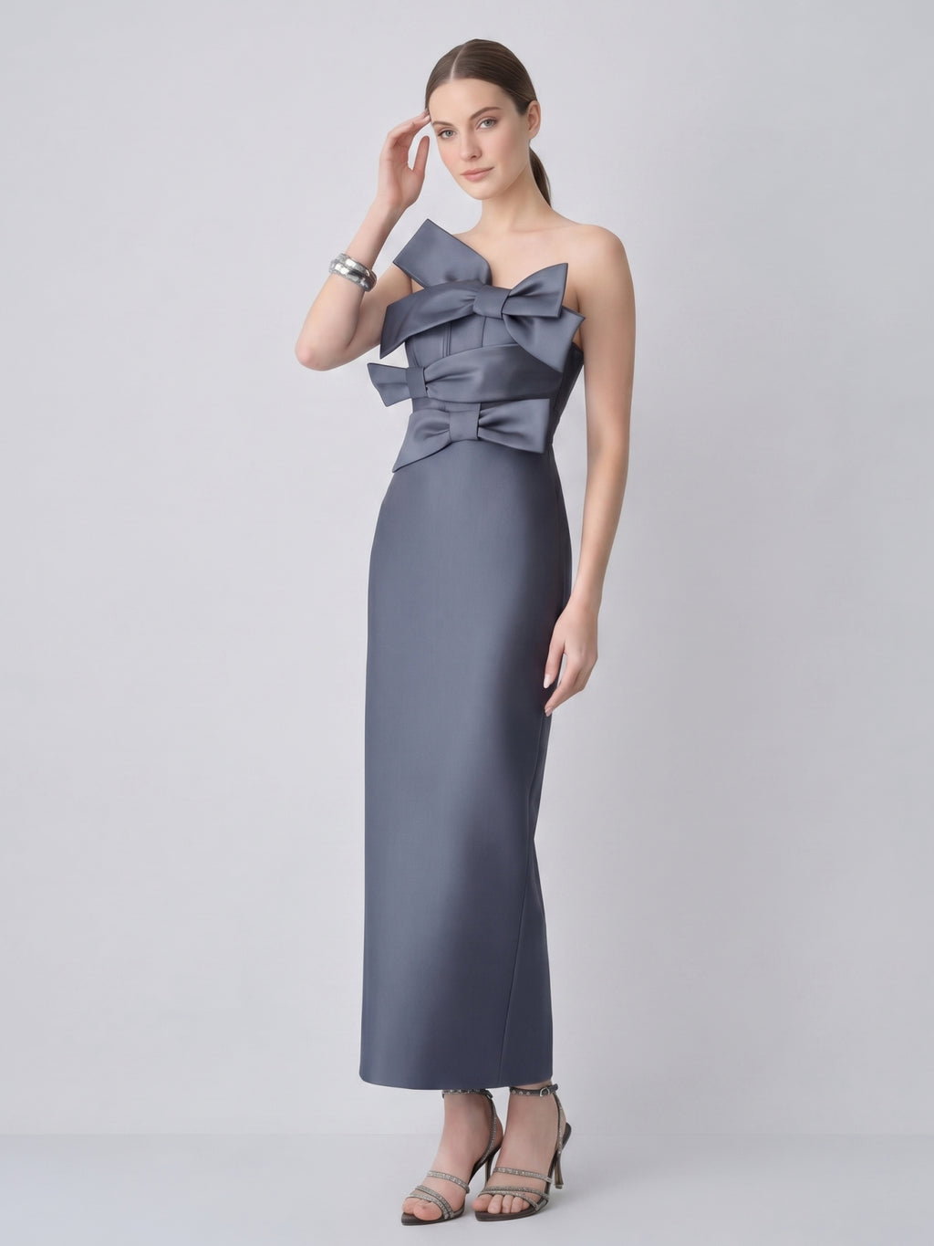 Elegant Stormy Satin column Straight Neck Back Zip with Bow Ankle-Length Bridesmaid Dress