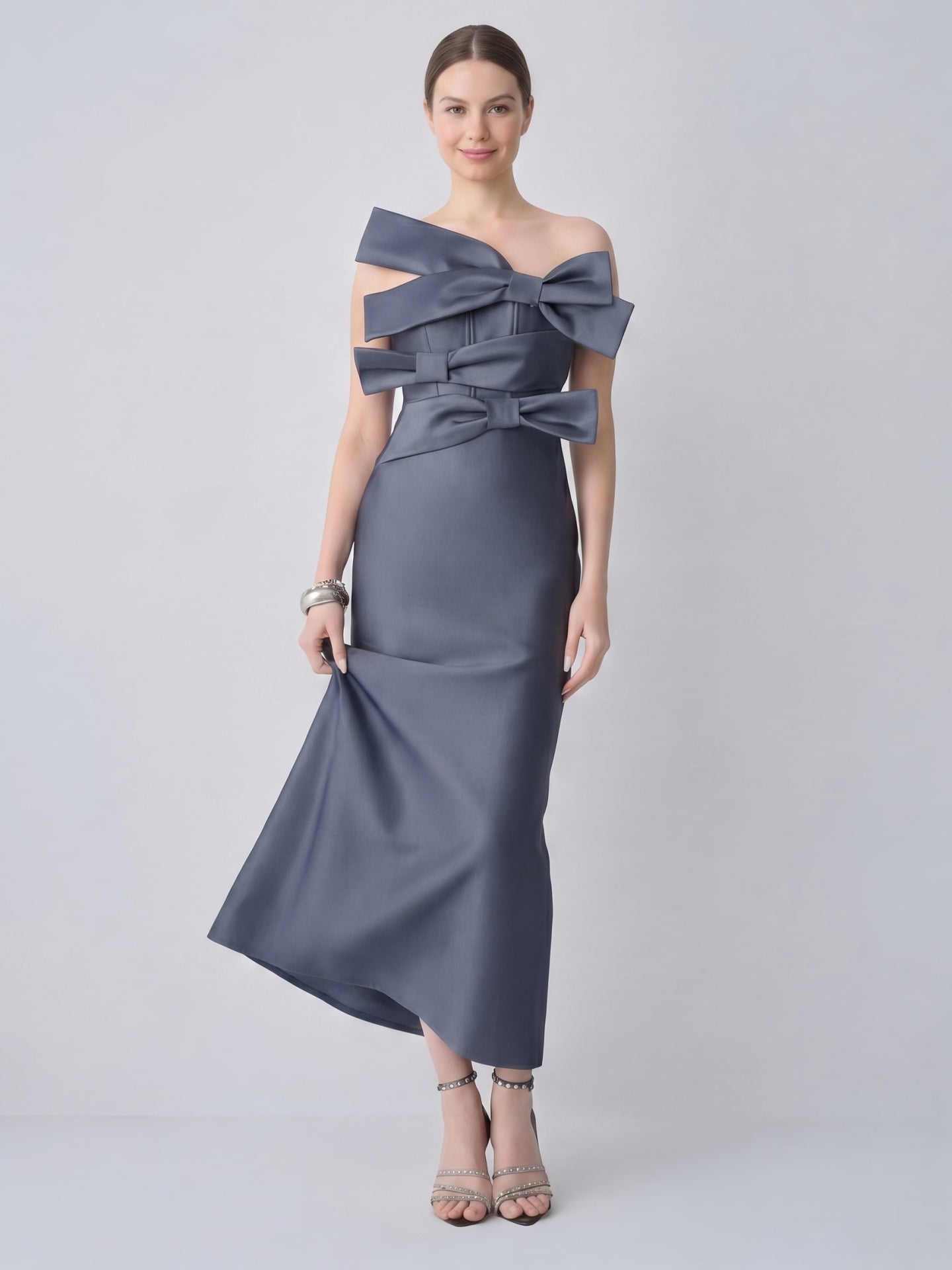 Elegant Stormy Satin column Straight Neck Back Zip with Bow Ankle-Length Bridesmaid Dress
