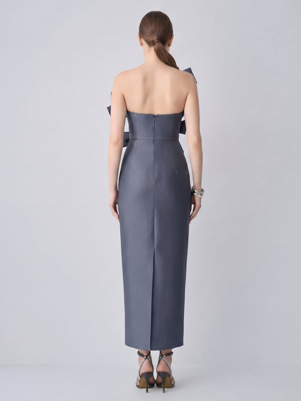 Elegant Stormy Satin column Straight Neck Back Zip with Bow Ankle-Length Bridesmaid Dress