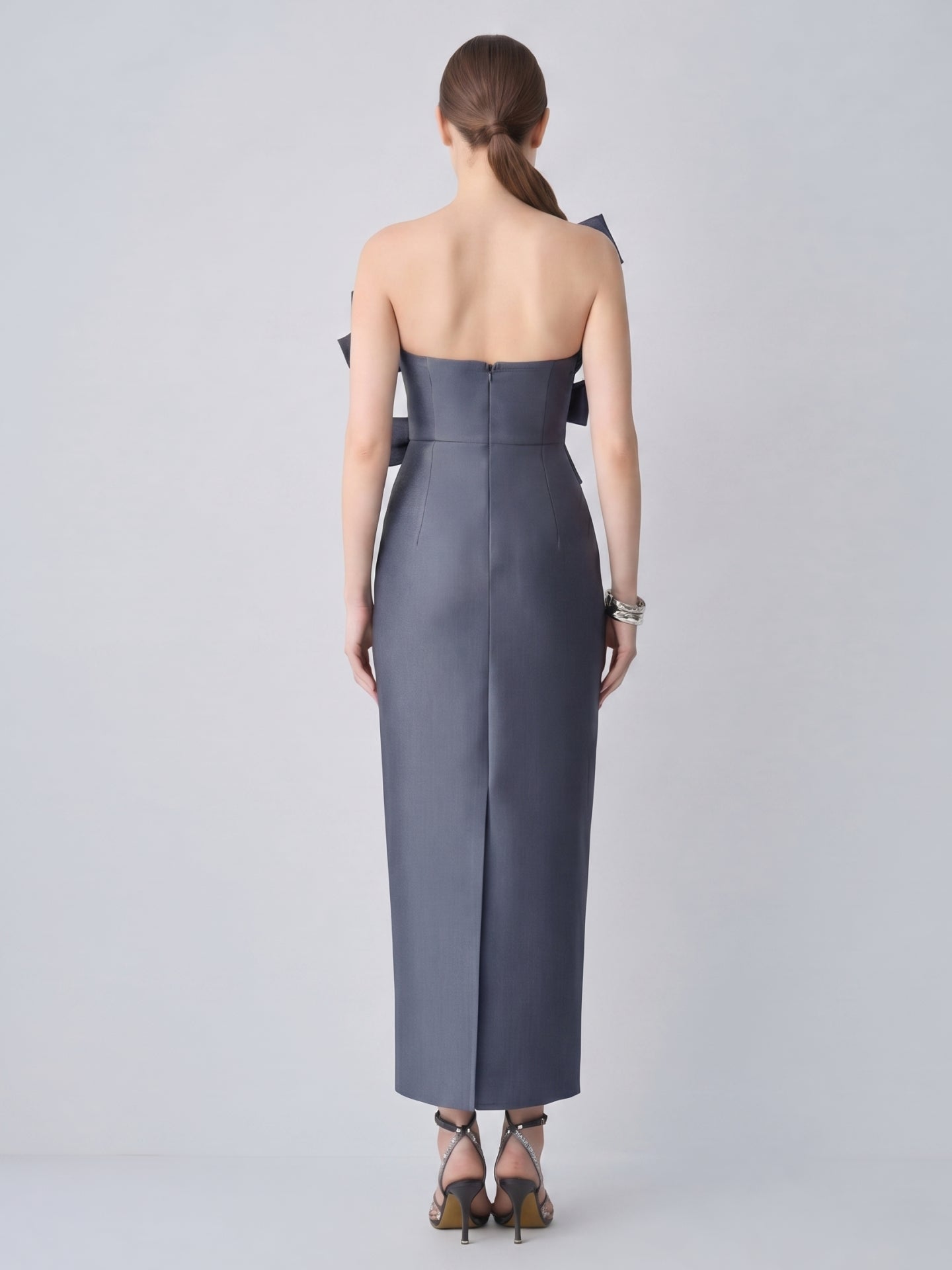 Elegant Stormy Satin column Straight Neck Back Zip with Bow Ankle-Length Bridesmaid Dress