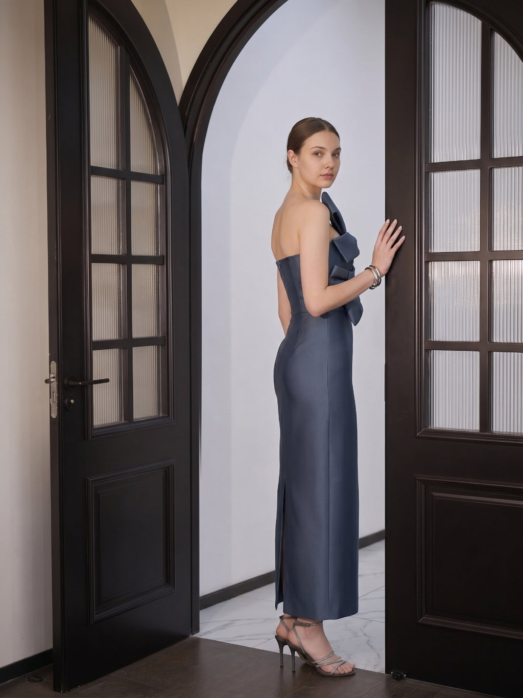 Elegant Stormy Satin column Straight Neck Back Zip with Bow Ankle-Length Bridesmaid Dress
