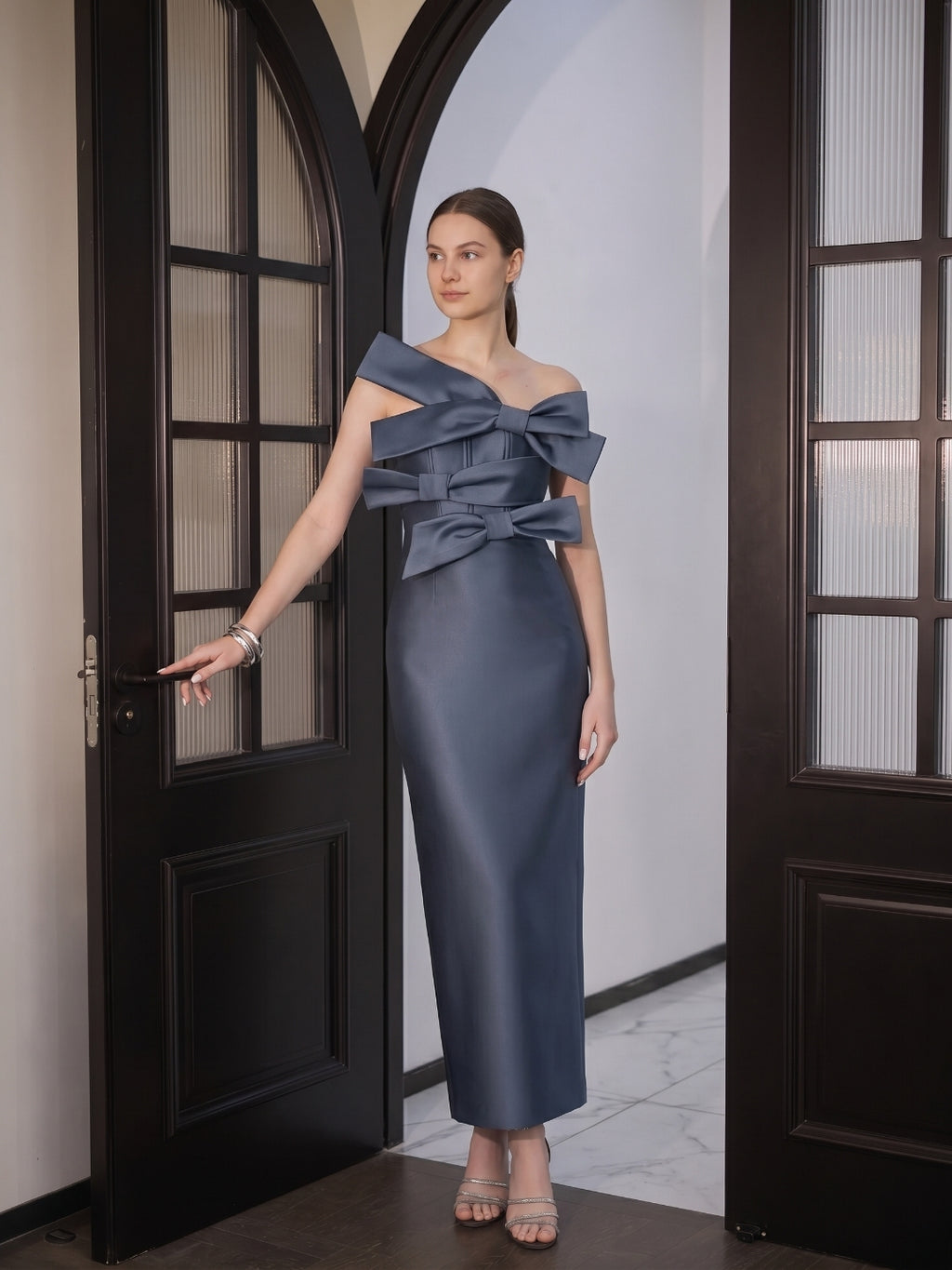 Elegant Stormy Satin column Straight Neck Back Zip with Bow Ankle-Length Bridesmaid Dress