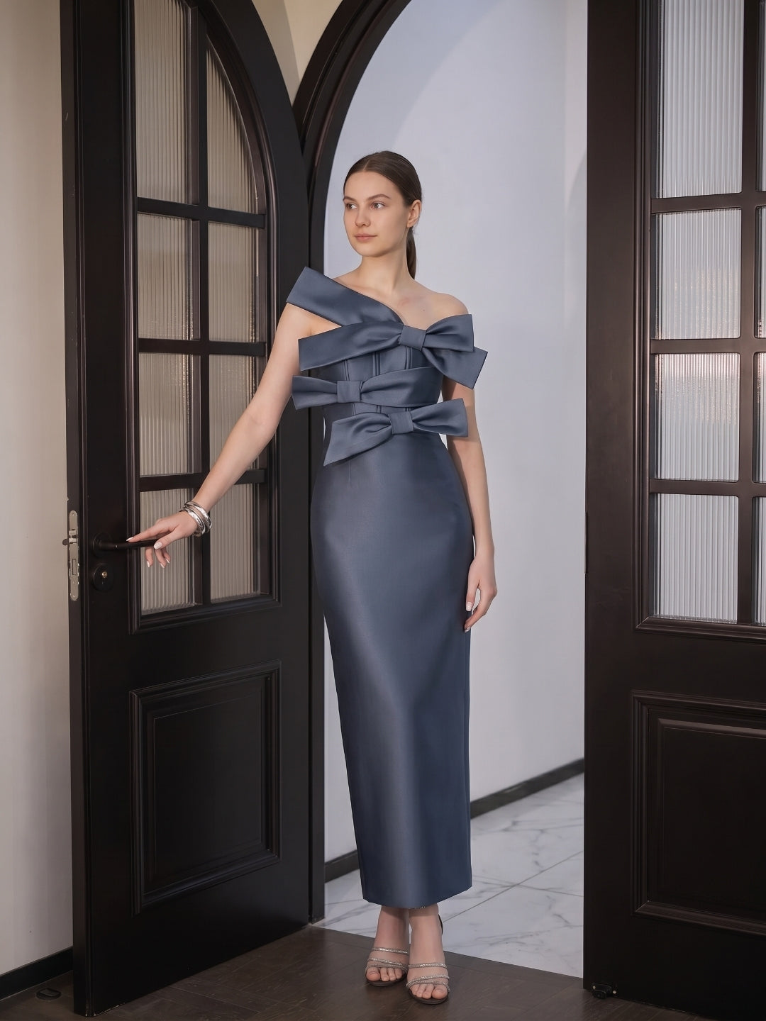 Elegant Stormy Satin column Straight Neck Back Zip with Bow Ankle-Length Bridesmaid Dress