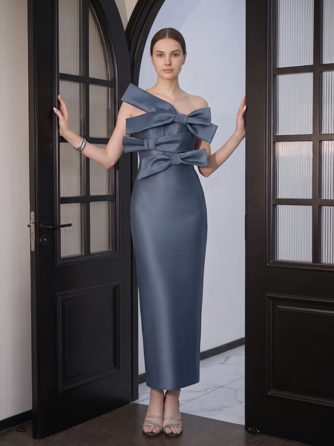 Elegant Stormy Satin column Straight Neck Back Zip with Bow Ankle-Length Bridesmaid Dress