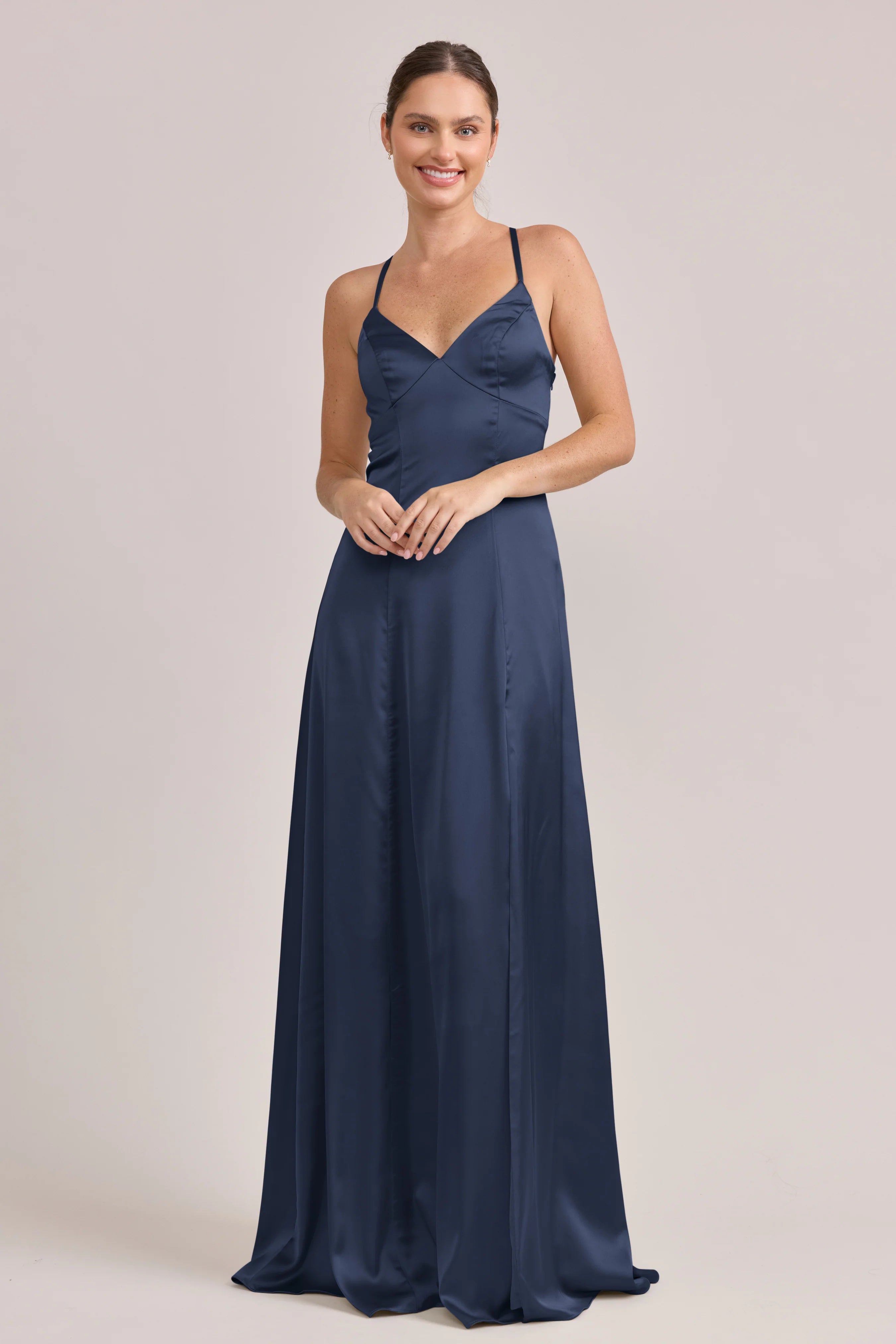 Elegant Sweetheart Neck Navy Blue Satin Bridesmaid Dress with Cross-Back Straps & Floor-Length A-Line Skirt