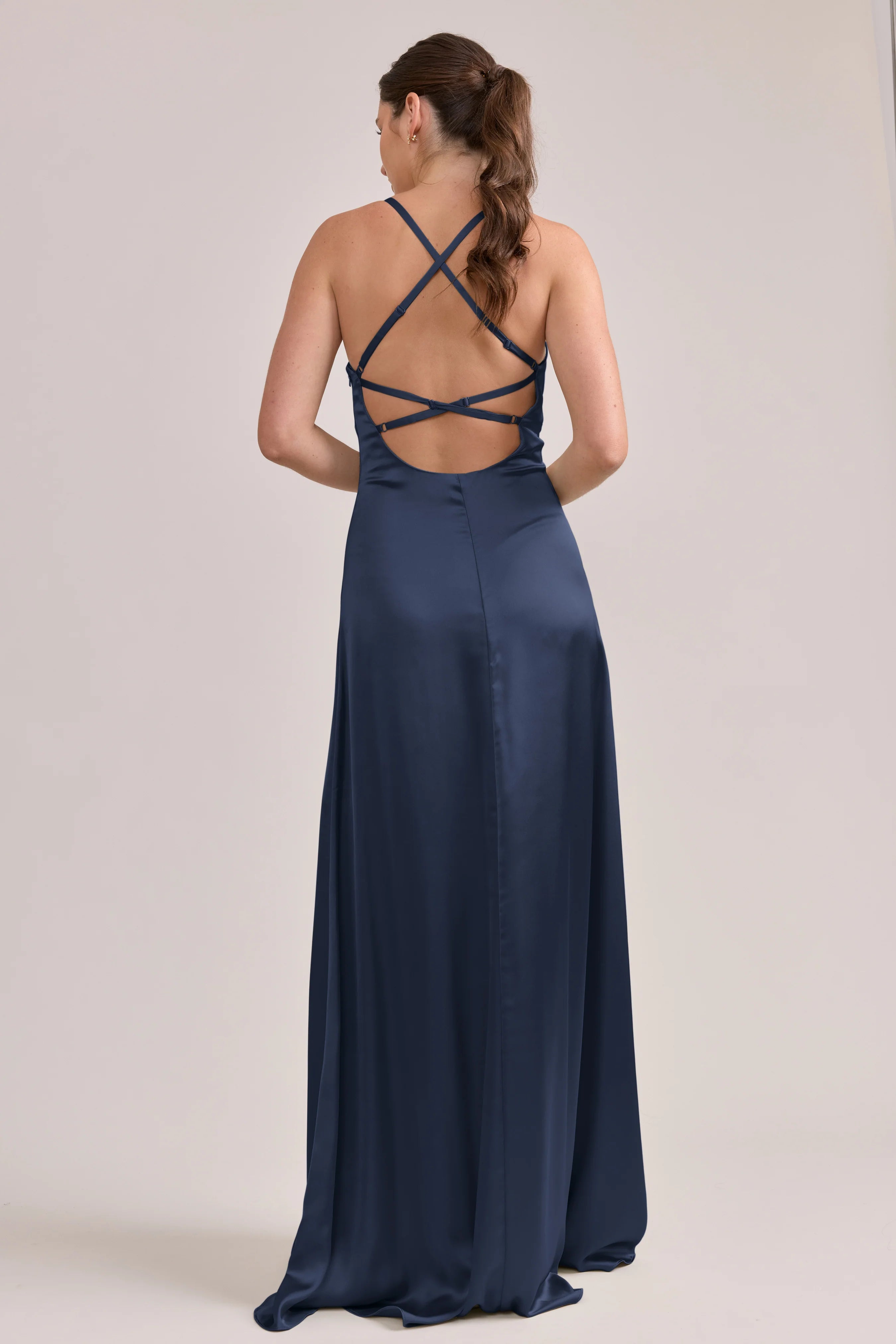 Elegant Sweetheart Neck Navy Blue Satin Bridesmaid Dress with Cross-Back Straps & Floor-Length A-Line Skirt
