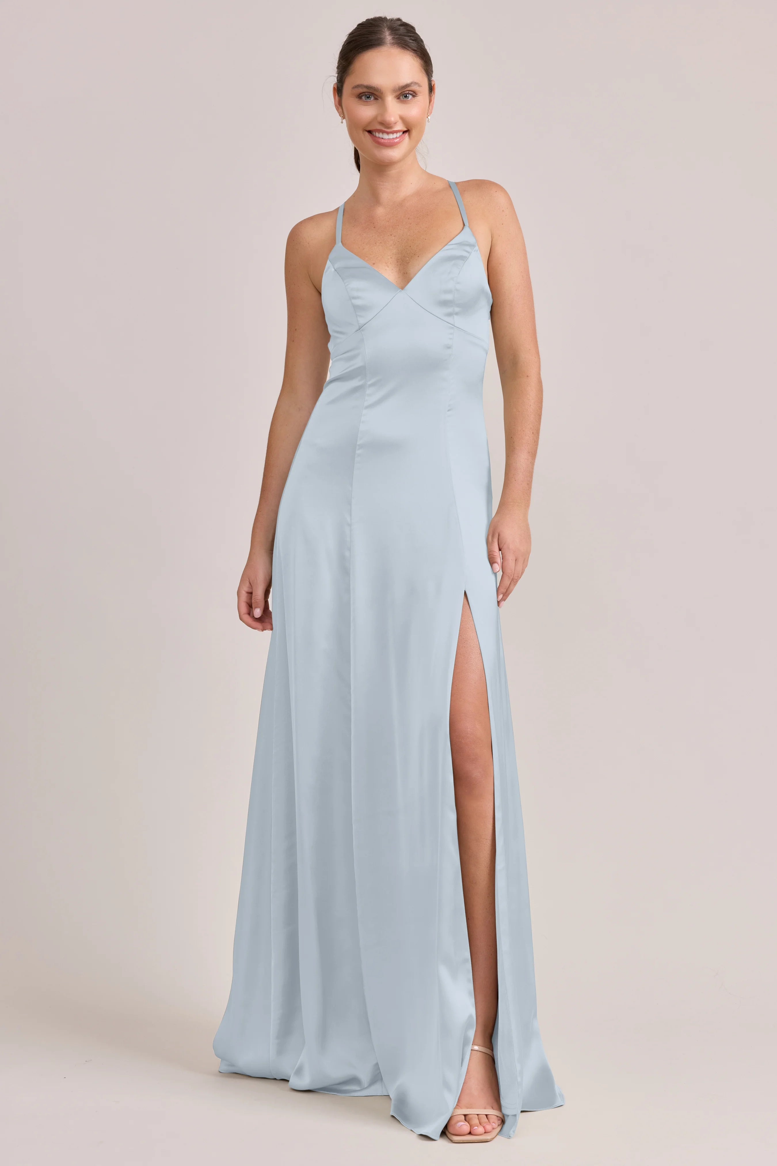 Elegant Sweetheart Neck Spaghetti Strap Satin A-Line Bridesmaid Dress with Cross Back & High Slit in Sky Blue