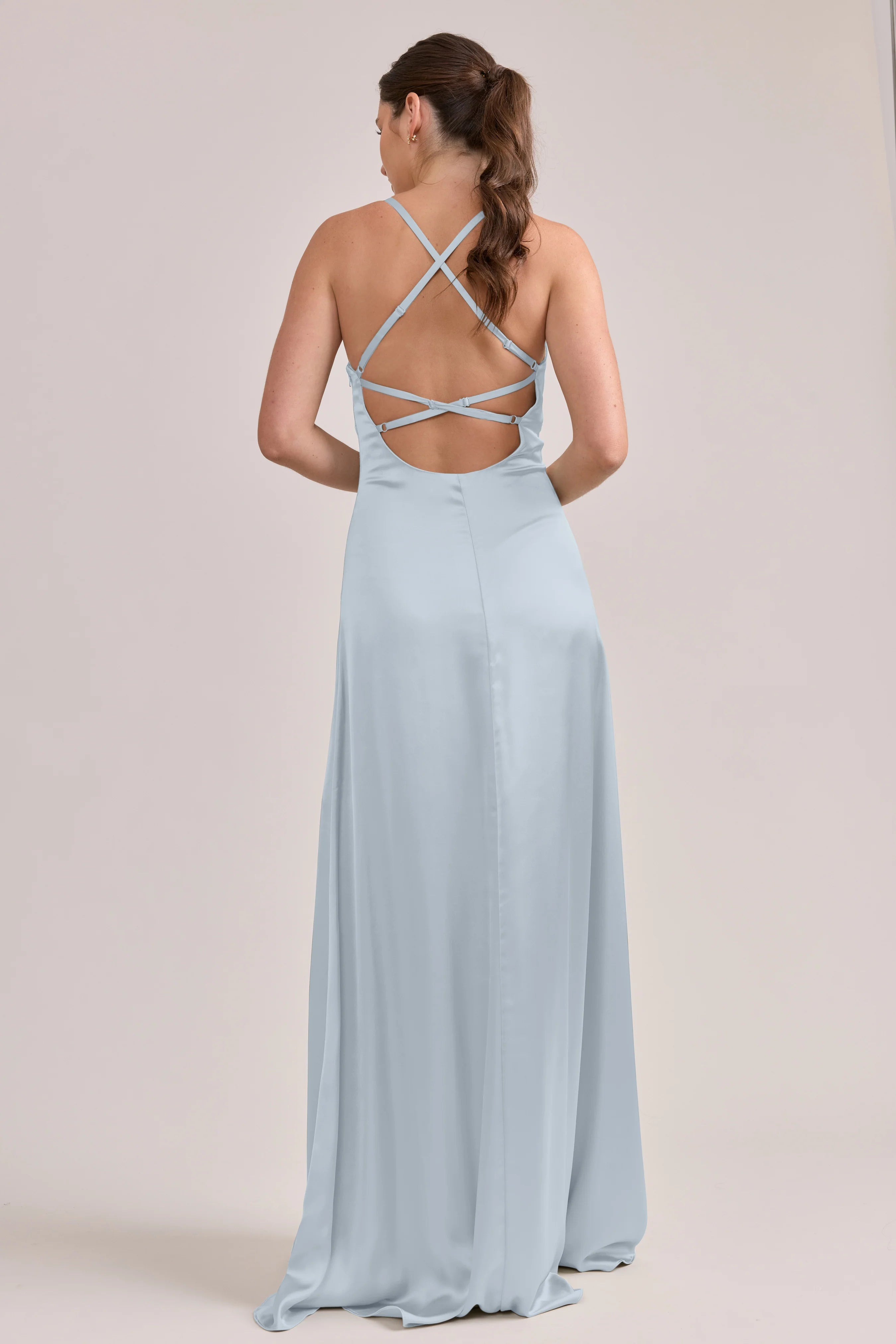 Elegant Sweetheart Neck Spaghetti Strap Satin A-Line Bridesmaid Dress with Cross Back & High Slit in Sky Blue