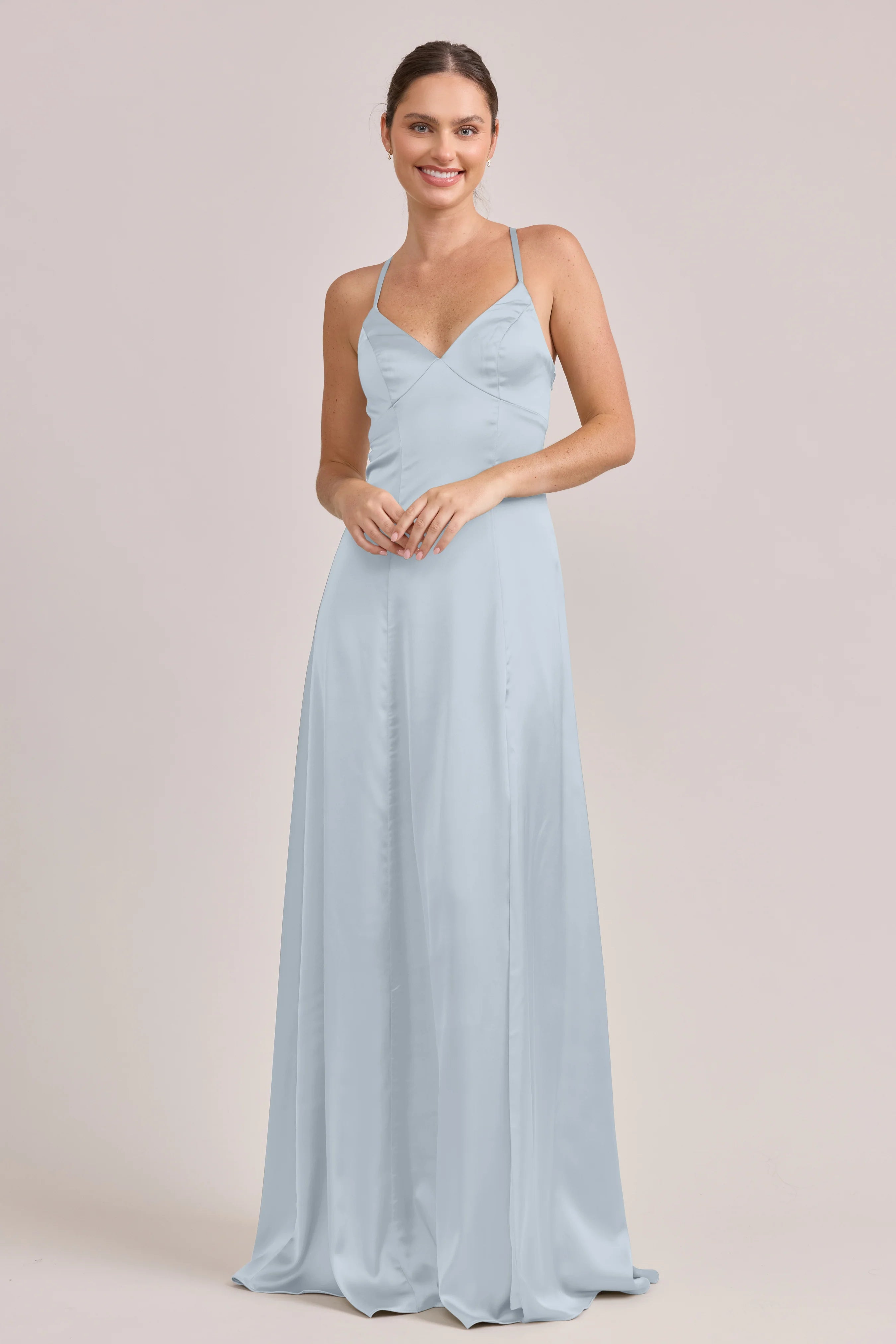 Elegant Sweetheart Neck Spaghetti Strap Satin A-Line Bridesmaid Dress with Cross Back & High Slit in Sky Blue
