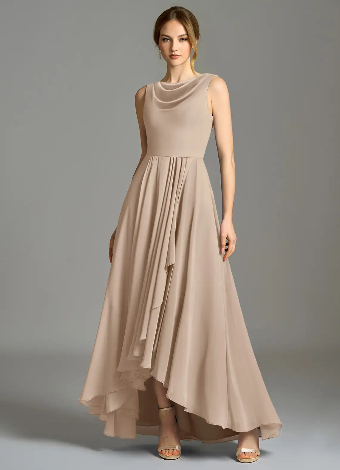 Elegant Taupe Chiffon Bridesmaid Dresses with Cowl Neck, Asymmetrical Ruffle Skirt and Open Back