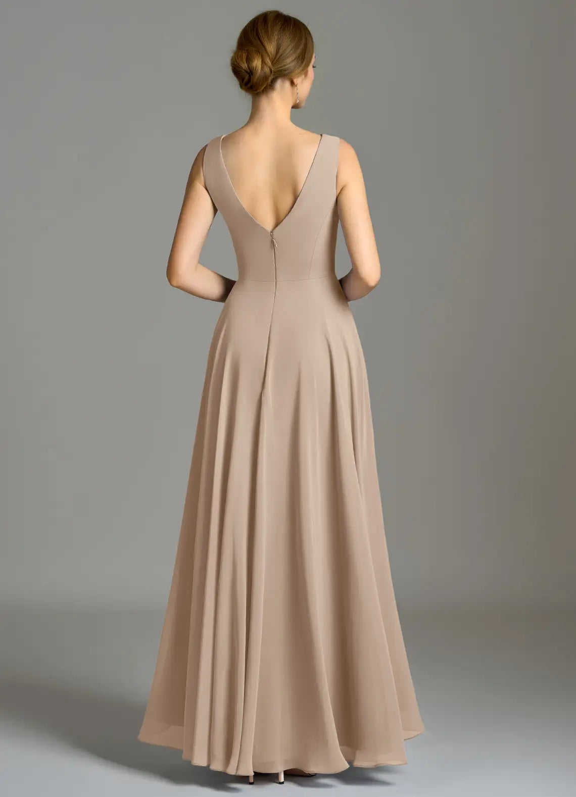 Elegant Taupe Chiffon Bridesmaid Dresses with Cowl Neck, Asymmetrical Ruffle Skirt and Open Back