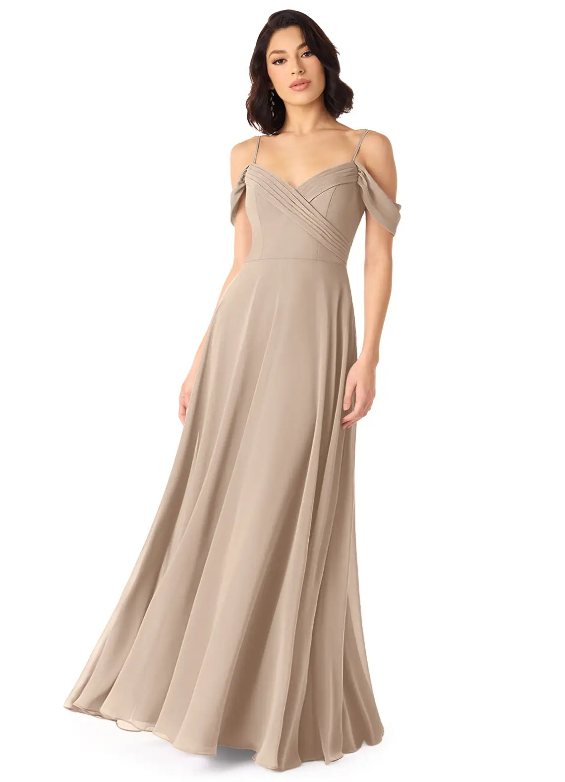 Elegant Taupe Chiffon Bridesmaid Dress with Off-the-Shoulder Sleeves, Ruched Bodice and Flowy A-Line Skirt