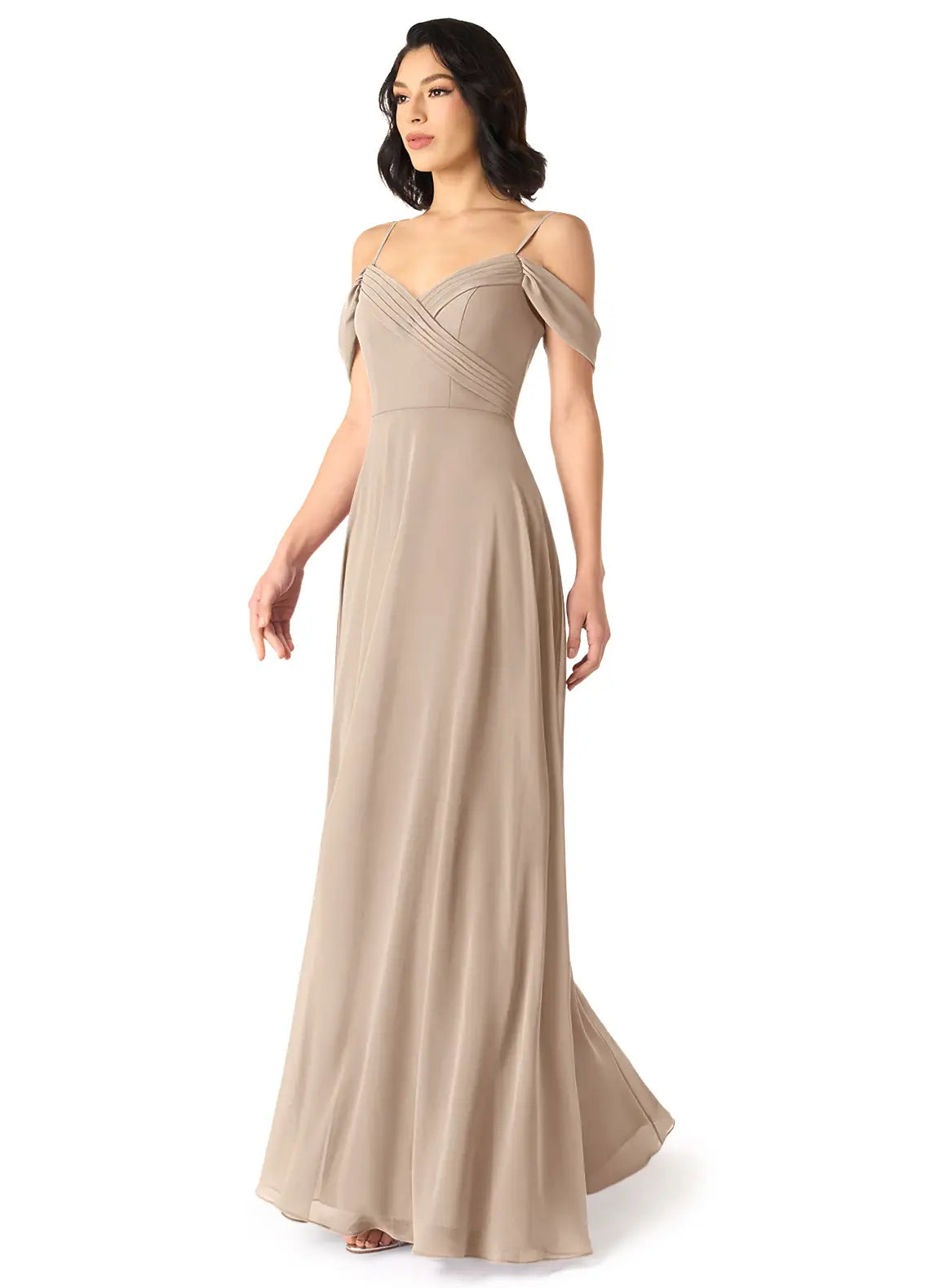 Elegant Taupe Chiffon Bridesmaid Dress with Off-the-Shoulder Sleeves, Ruched Bodice and Flowy A-Line Skirt