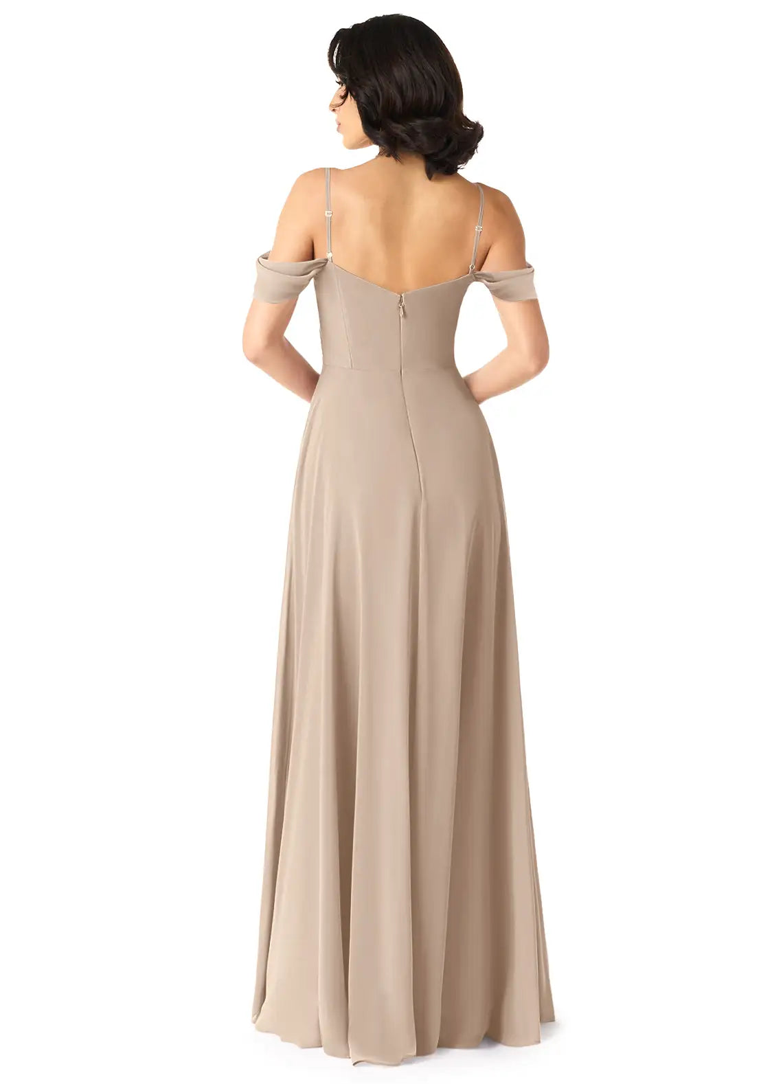 Elegant Taupe Chiffon Bridesmaid Dress with Off-the-Shoulder Sleeves, Ruched Bodice and Flowy A-Line Skirt