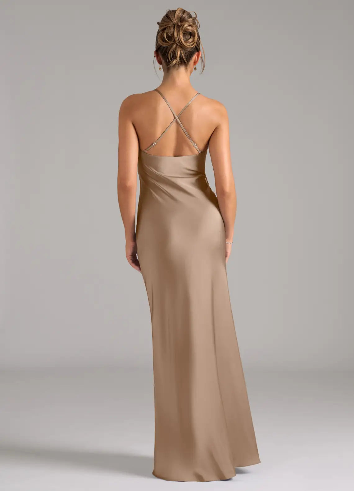 Elegant Taupe Satin Bridesmaid Dresses with Lace Trim V-Neck, Crisscross Back and Sheath Silhouette