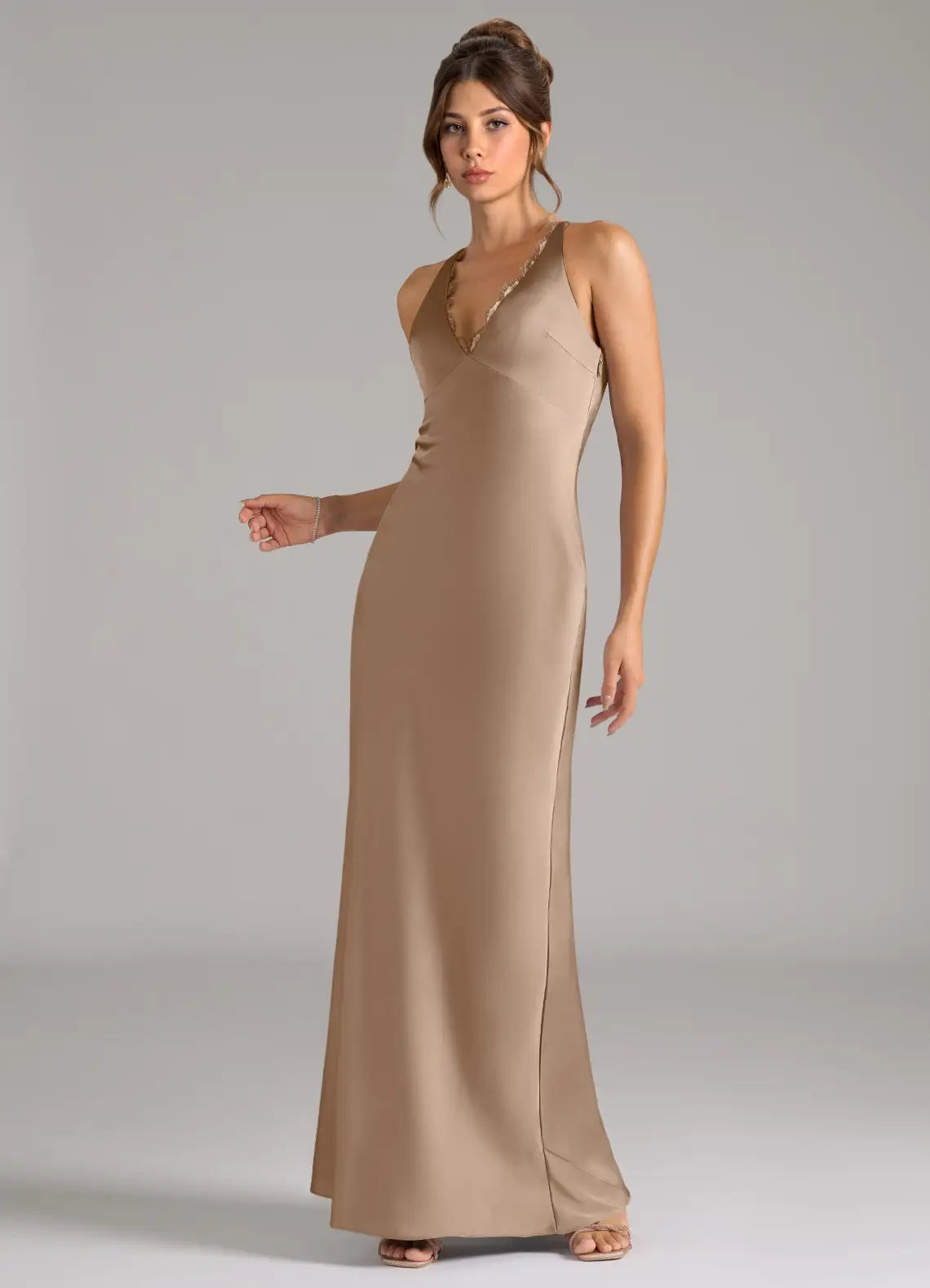Elegant Taupe Satin Bridesmaid Dresses with Lace Trim V-Neck, Crisscross Back and Sheath Silhouette