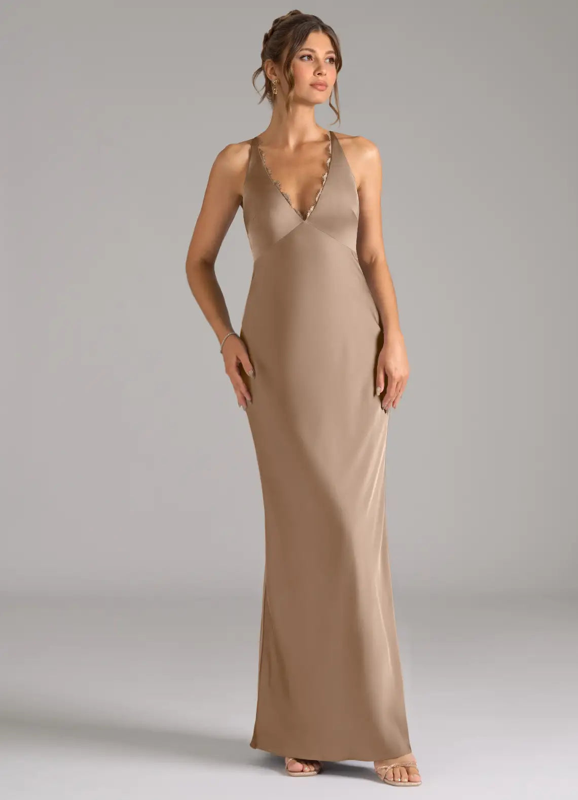 Elegant Taupe Satin Bridesmaid Dresses with Lace Trim V-Neck, Crisscross Back and Sheath Silhouette