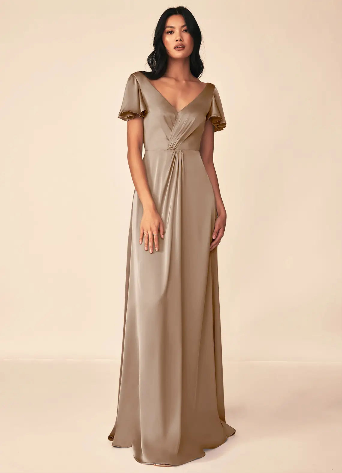 Elegant Taupe Satin Bridesmaid Dress with Flutter Sleeves, V-Neck and A-Line Skirt
