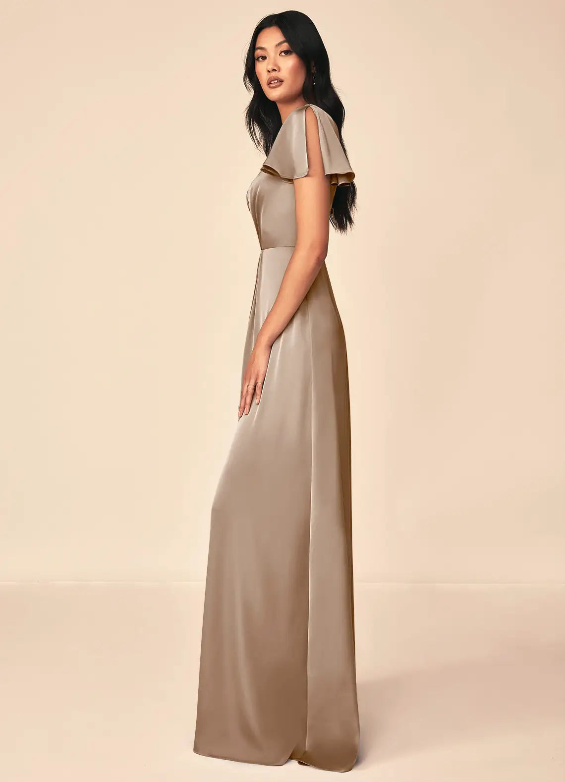 Elegant Taupe Satin Bridesmaid Dress with Flutter Sleeves, V-Neck and A-Line Skirt
