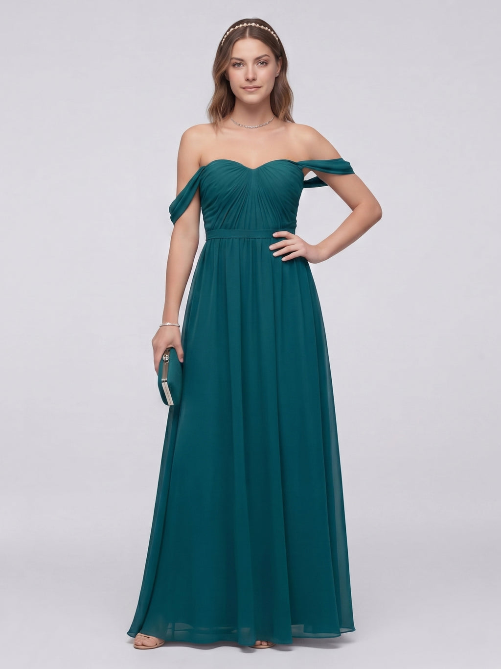 Elegant Teal Chiffon A-Line Off-the-Shoulder Back Zip Ankle-Length Bridesmaid Dress