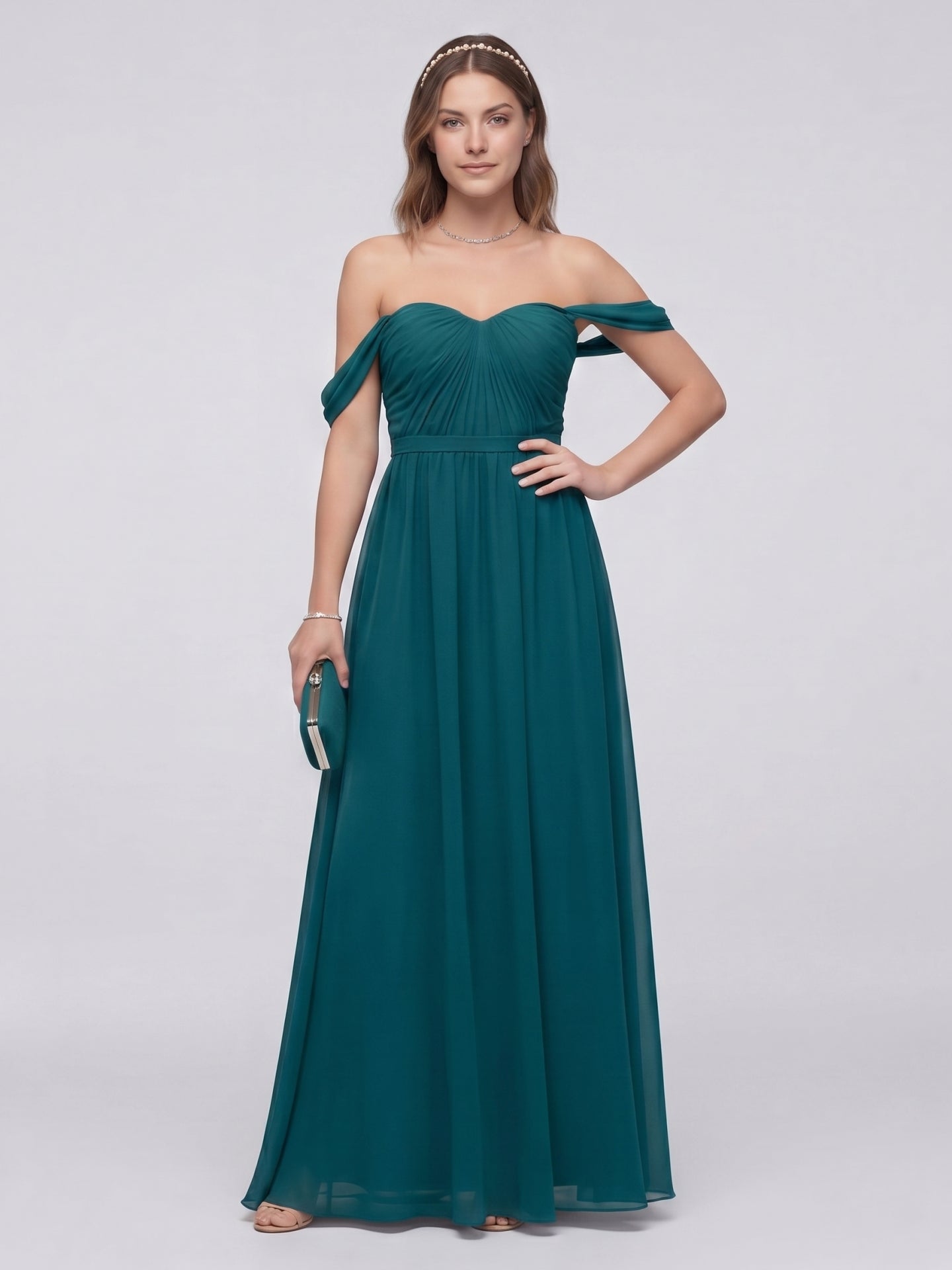 Elegant Teal Chiffon A-Line Off-the-Shoulder Back Zip Ankle-Length Bridesmaid Dress