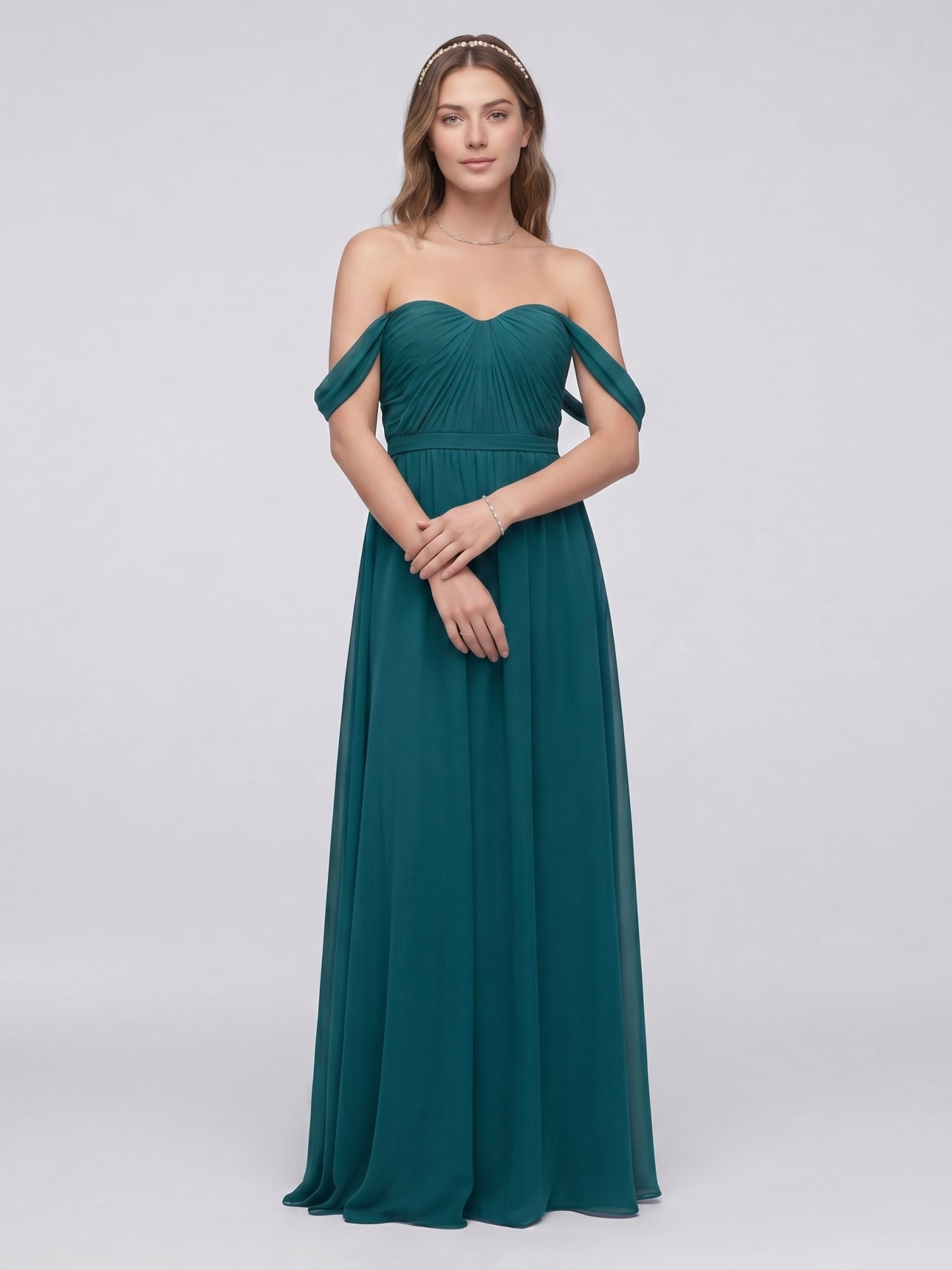 Elegant Teal Chiffon A-Line Off-the-Shoulder Back Zip Ankle-Length Bridesmaid Dress