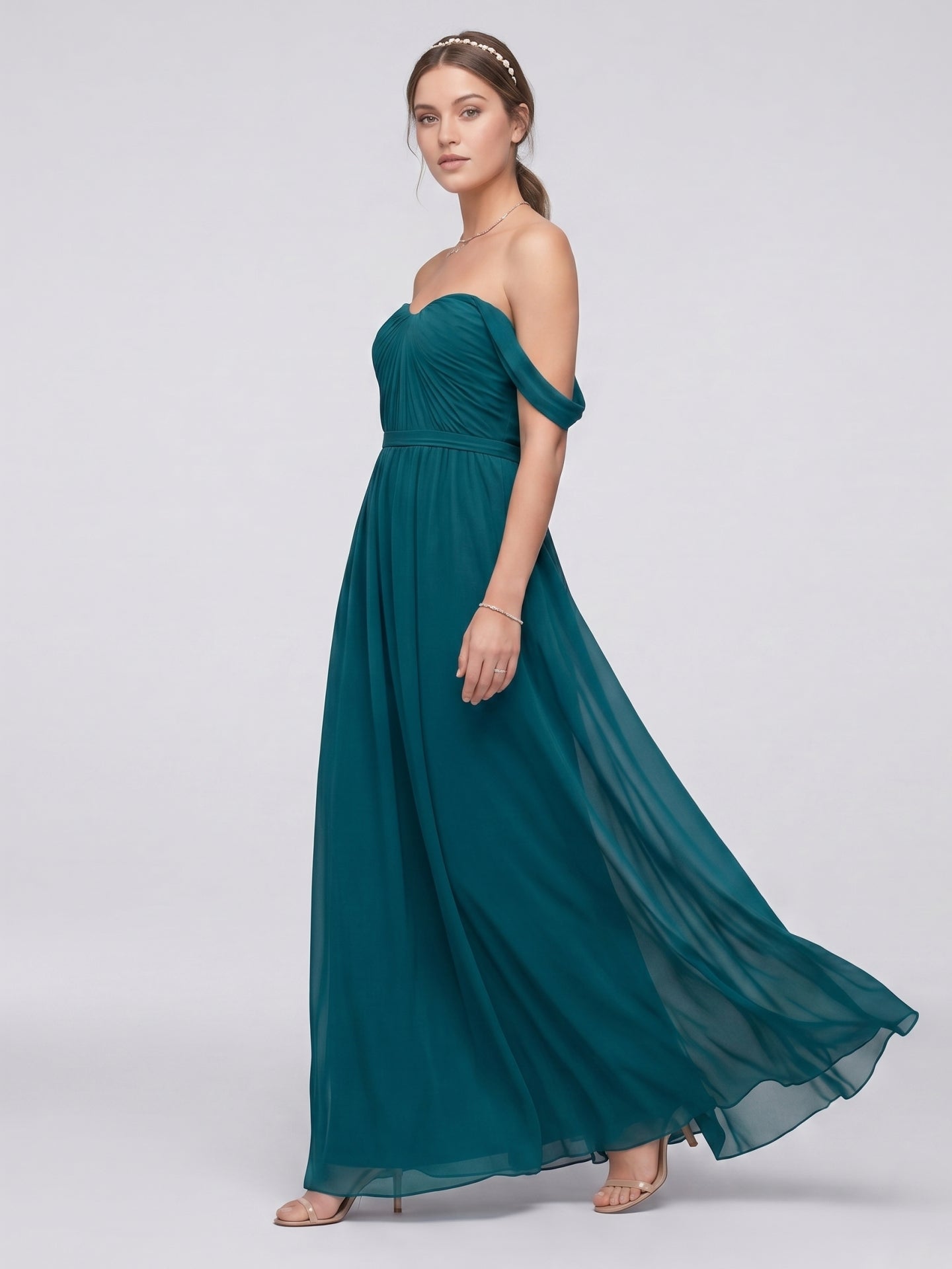 Elegant Teal Chiffon A-Line Off-the-Shoulder Back Zip Ankle-Length Bridesmaid Dress