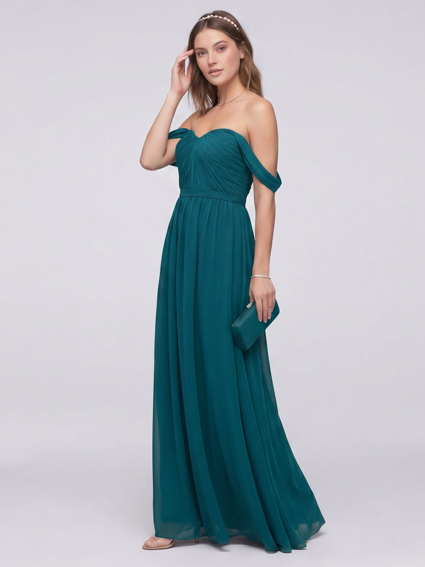 Elegant Teal Chiffon A-Line Off-the-Shoulder Back Zip Ankle-Length Bridesmaid Dress