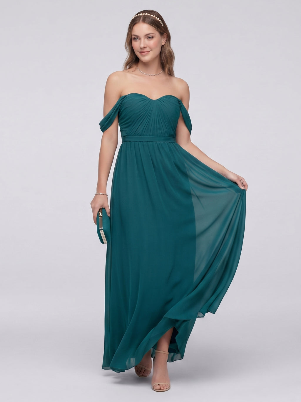Elegant Teal Chiffon A-Line Off-the-Shoulder Back Zip Ankle-Length Bridesmaid Dress