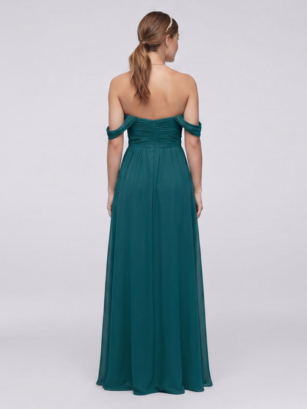 Elegant Teal Chiffon A-Line Off-the-Shoulder Back Zip Ankle-Length Bridesmaid Dress