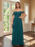 Elegant Teal Chiffon A-Line Off-the-Shoulder Back Zip Ankle-Length Bridesmaid Dress
