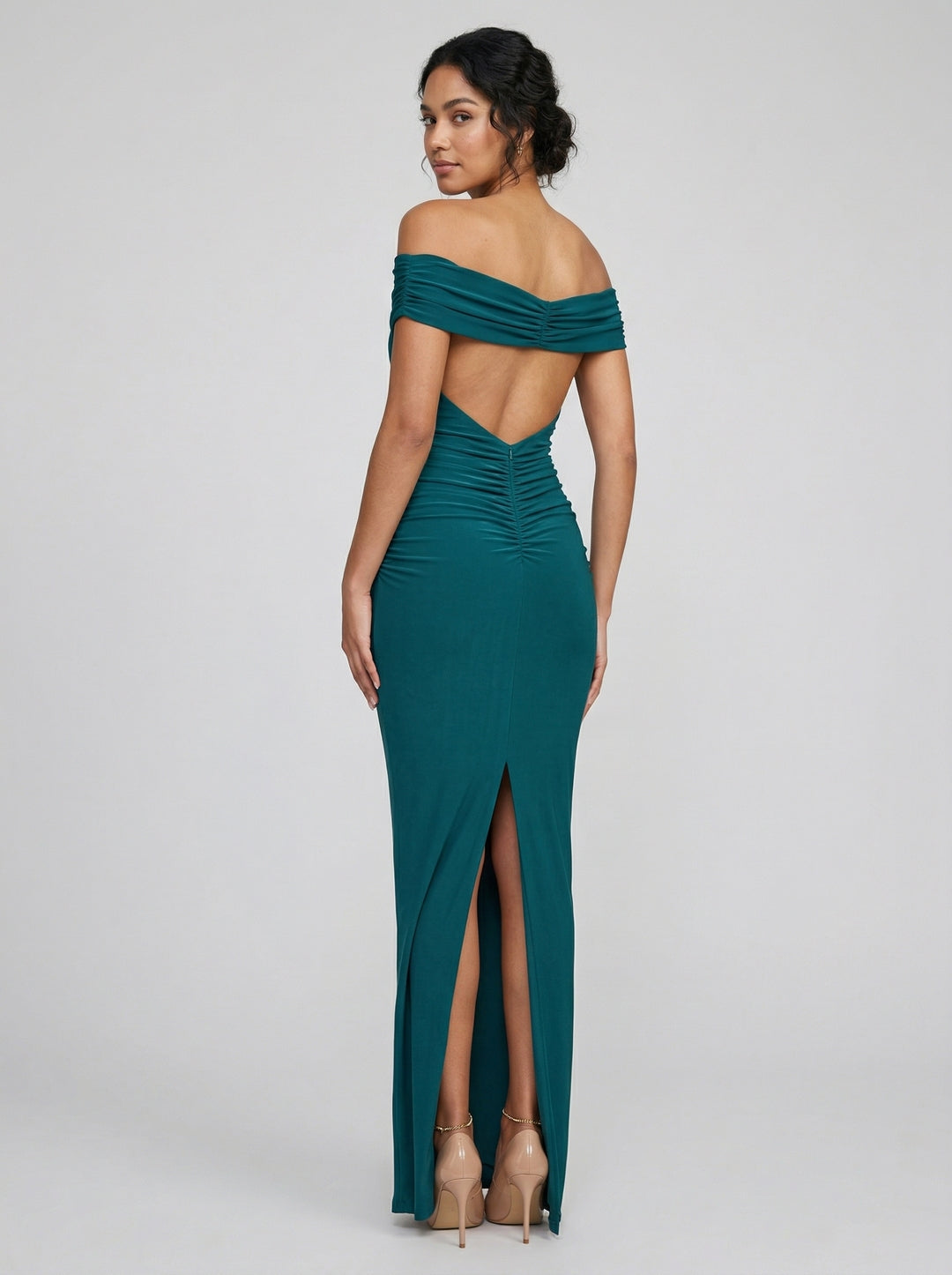 Elegant Teal Satin Mermaid Off-the-Shoulder Neckline Backless Ankle-Length with Pleated Bridesmaid Dress