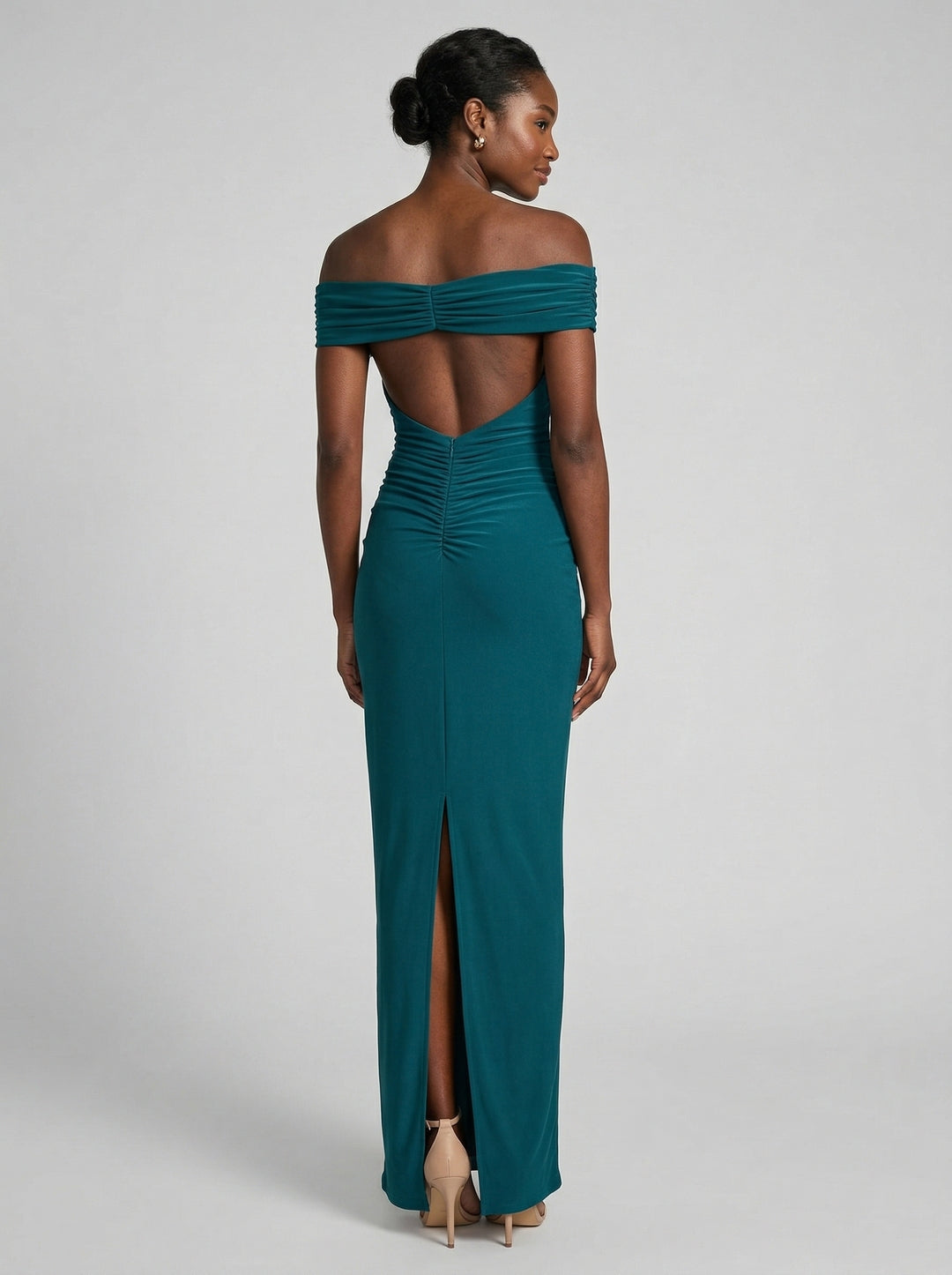 Elegant Teal Satin Mermaid Off-the-Shoulder Neckline Backless Ankle-Length with Pleated Bridesmaid Dress