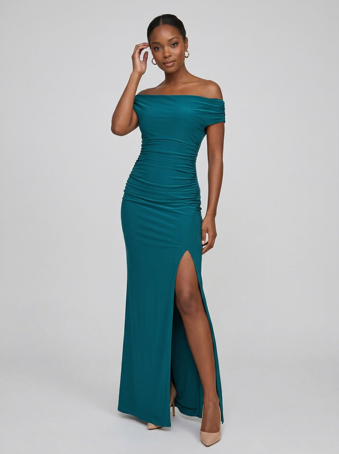 Elegant Teal Satin Mermaid Off-the-Shoulder Neckline Backless Ankle-Length with Pleated Bridesmaid Dress