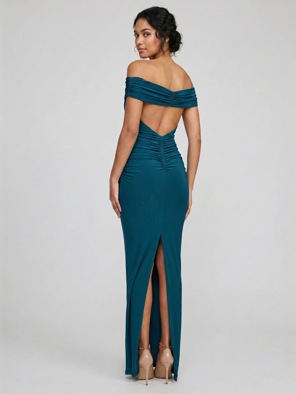 Elegant Teal Satin Mermaid Off-the-Shoulder Neckline Backless Ankle-Length with Pleated Bridesmaid Dress