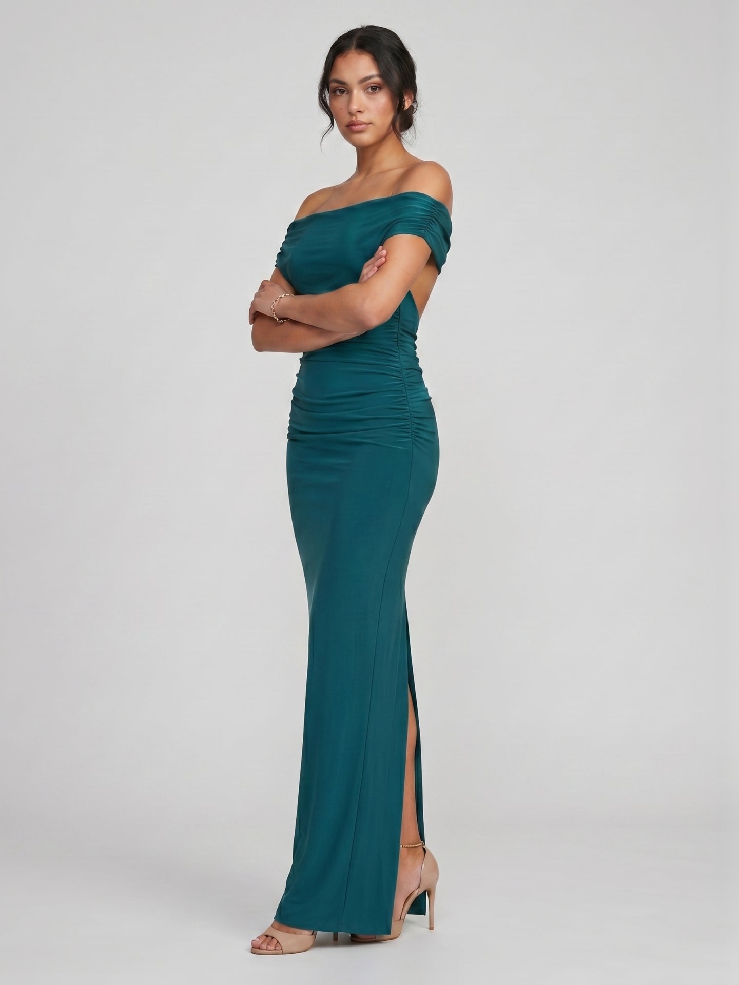 Elegant Teal Satin Mermaid Off-the-Shoulder Neckline Backless Ankle-Length with Pleated Bridesmaid Dress