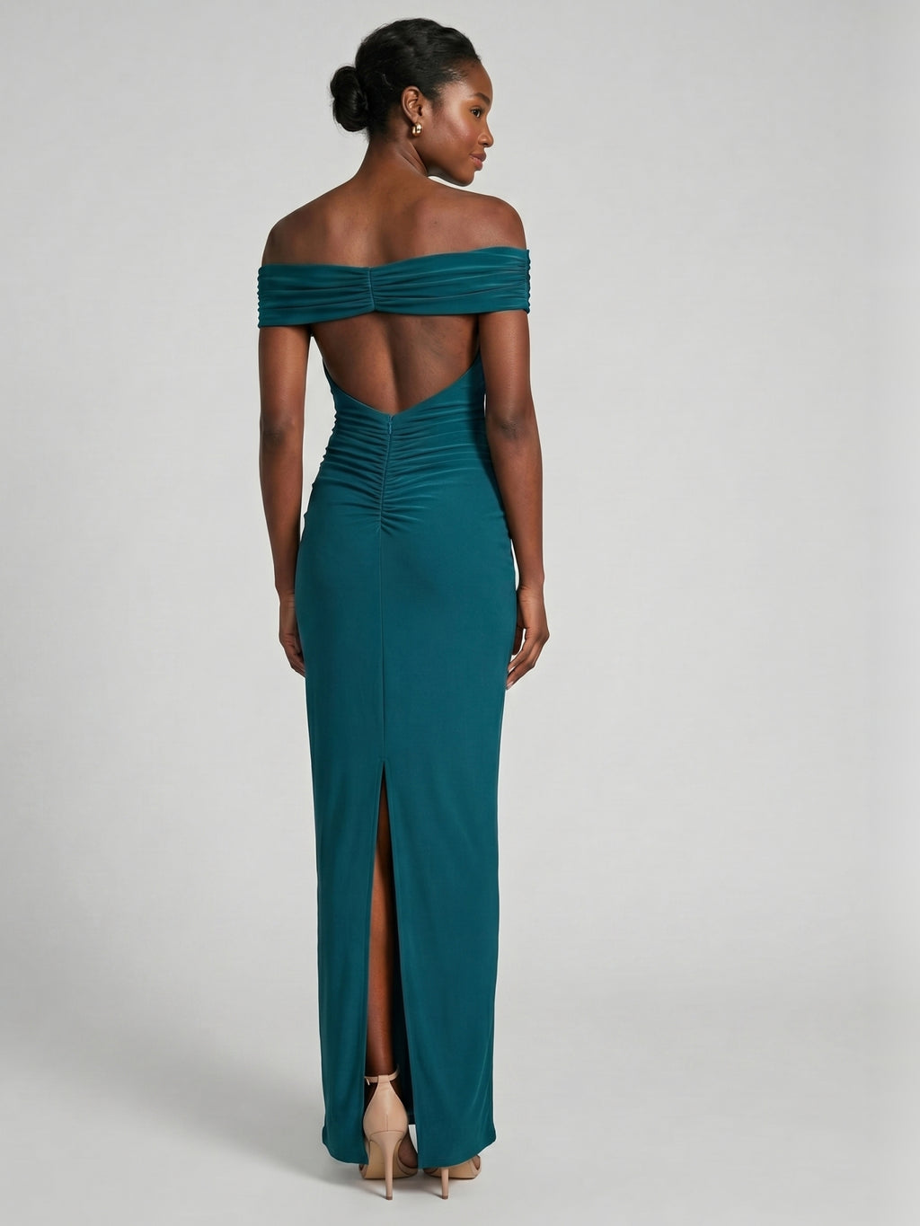 Elegant Teal Satin Mermaid Off-the-Shoulder Neckline Backless Ankle-Length with Pleated Bridesmaid Dress