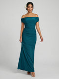 Elegant Teal Satin Mermaid Off-the-Shoulder Neckline Backless Ankle-Length with Pleated Bridesmaid Dress