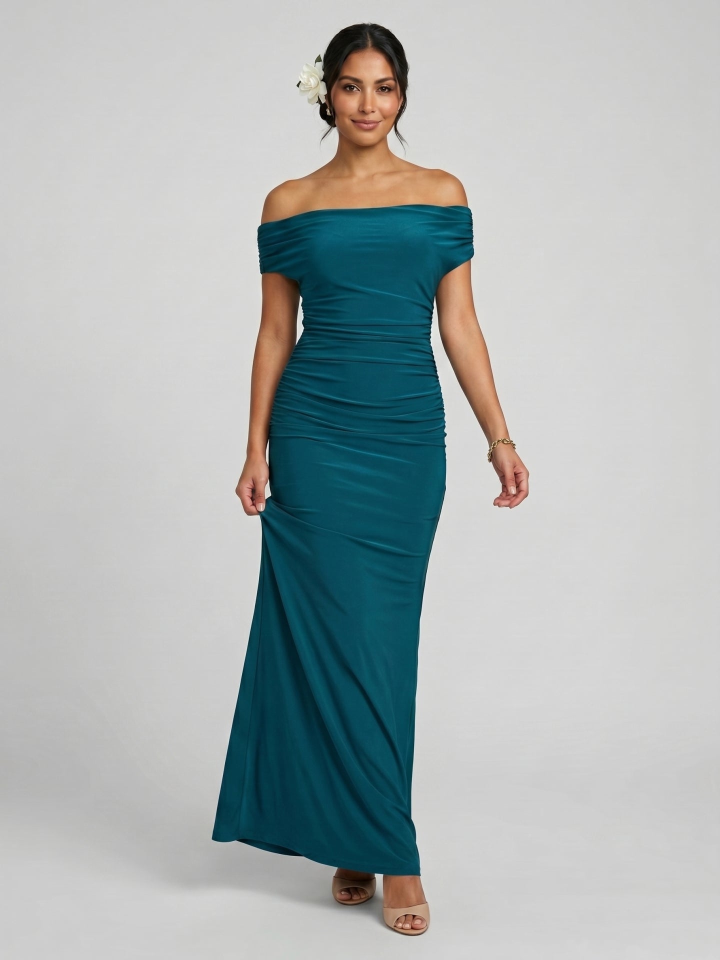 Elegant Teal Satin Mermaid Off-the-Shoulder Neckline Backless Ankle-Length with Pleated Bridesmaid Dress